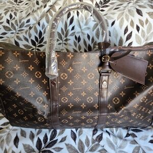 Elegant Brown Faux Leather Monogram Women's Overnight Duffel Bag